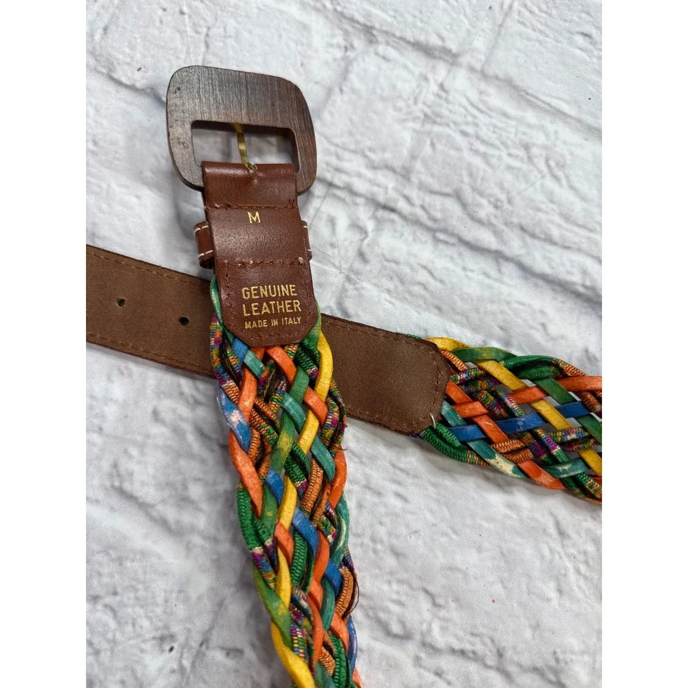 Express Braided Belt Womens Medium Multi Color Leather Wood Buckle Italy